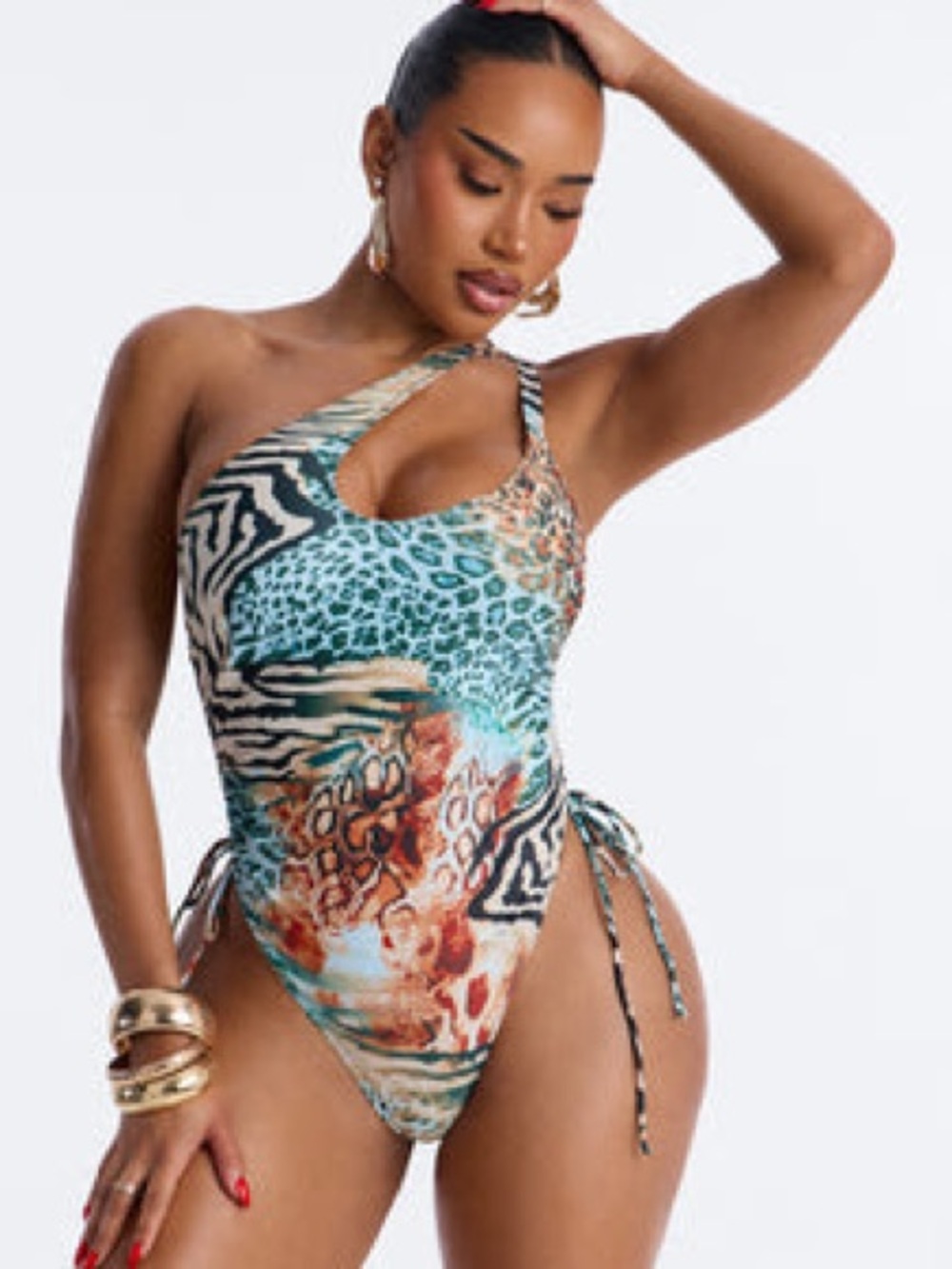 Fashion Nova One-Shoulder Multi-Print Swim One-Piece in Turquoise, Black, Rust